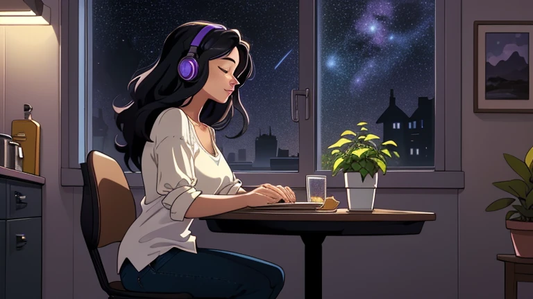 Late at night, a Beautiful woman in her 30s with black hair is sitting on the chair with her eyes closed in a stylish kitchen. Cozy wallpaper, Gwydz style artwork, LOFI girls, trending at cgstation, relaxed mood, nightcore, cozy, night, wide glass windows, starry sky, table, chair, fridge, sink, V-neck blouse, and she was the only one in the room. beautiful flower. Plants, 2D style animation, looking down.Well-proportioned face, Outside the window is a pitch black starry sky, purple wall, kitchen is dimly, She is wearing headphones and listening to music,