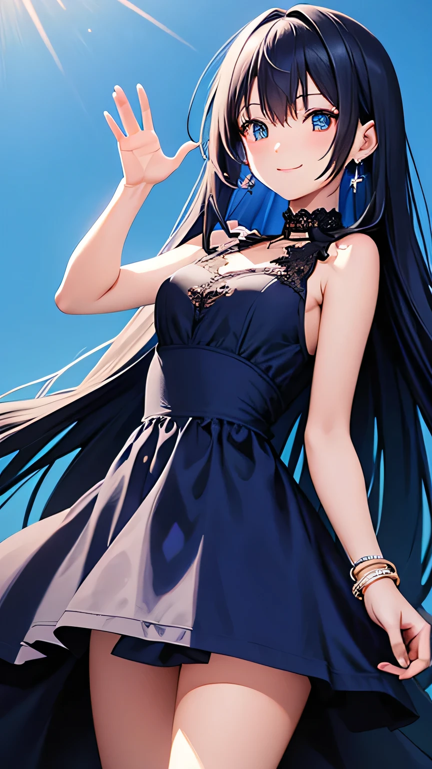 Create an anime-style illustration of a cheerful girl with long, flowing hair that has blue highlights. She is smiling warmly and waving with her right hand. Her eyes are large and expressive. She is wearing a sleeveless dress with a high neckline, featuring intricate lace detailing and crisscross patterns in blue. The dress has a fitted bodice and a flared skirt. Around her neck is a choker with a prominent teardrop-shaped pendant. She also has small, understated earrings and a bracelet on her right wrist. The overall vibe of the character should be graceful and friendly.
