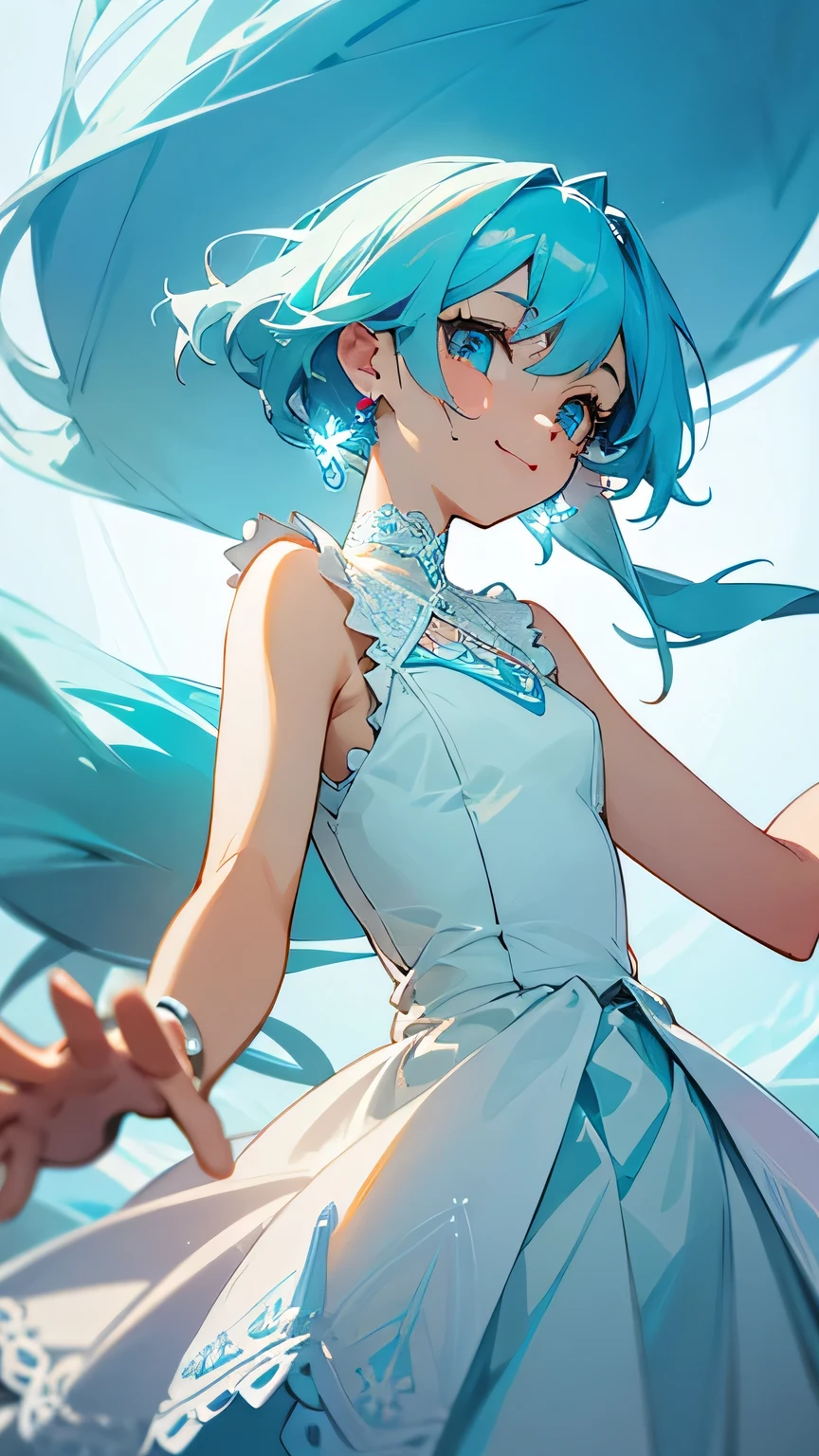 Create an anime-style illustration of a cheerful woman with long, flowing light blue hair and light blue eyes. She is smiling warmly and waving with her right hand. She is wearing a sleeveless white dress with a high neckline, featuring intricate light blue lace detailing and crisscross patterns in light blue. The dress has a fitted bodice and a flared skirt. Around her neck is a choker with a prominent teardrop-shaped pendant. She also has small, understated earrings and a bracelet on her right wrist. The overall vibe of the character should be graceful and friendly.