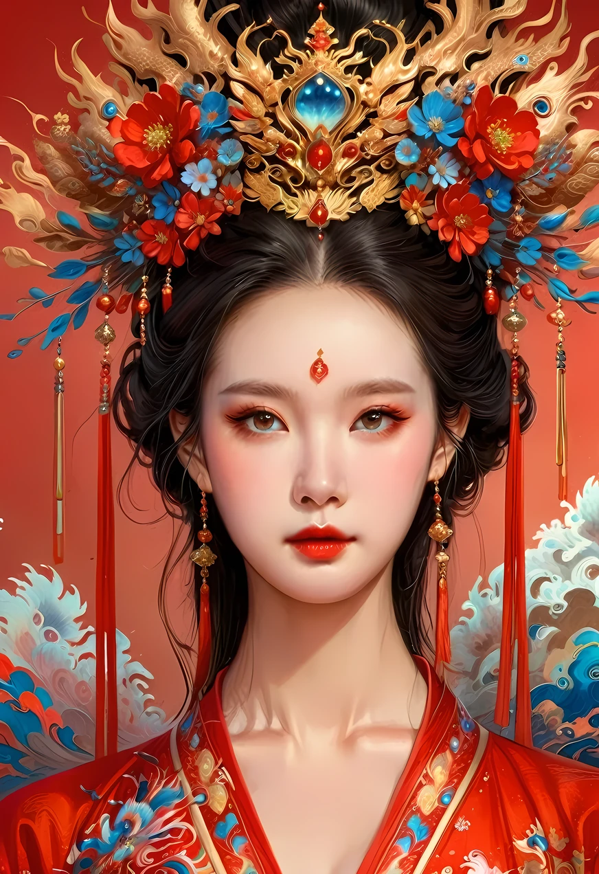 Close-up of a woman wearing a red dress and a golden headdress, Detailed paintings inspired by Po Hua, cg Social Hotspot, Fantasy Art, Beautiful fantasy queen, palace ， Girl wearing Hanfu, Chinese, Chinese Queen, ((Beautiful fantasy queen)), ancient Chinese Princess, Chinese Princess, traditional Chinese, Chinese Art Style