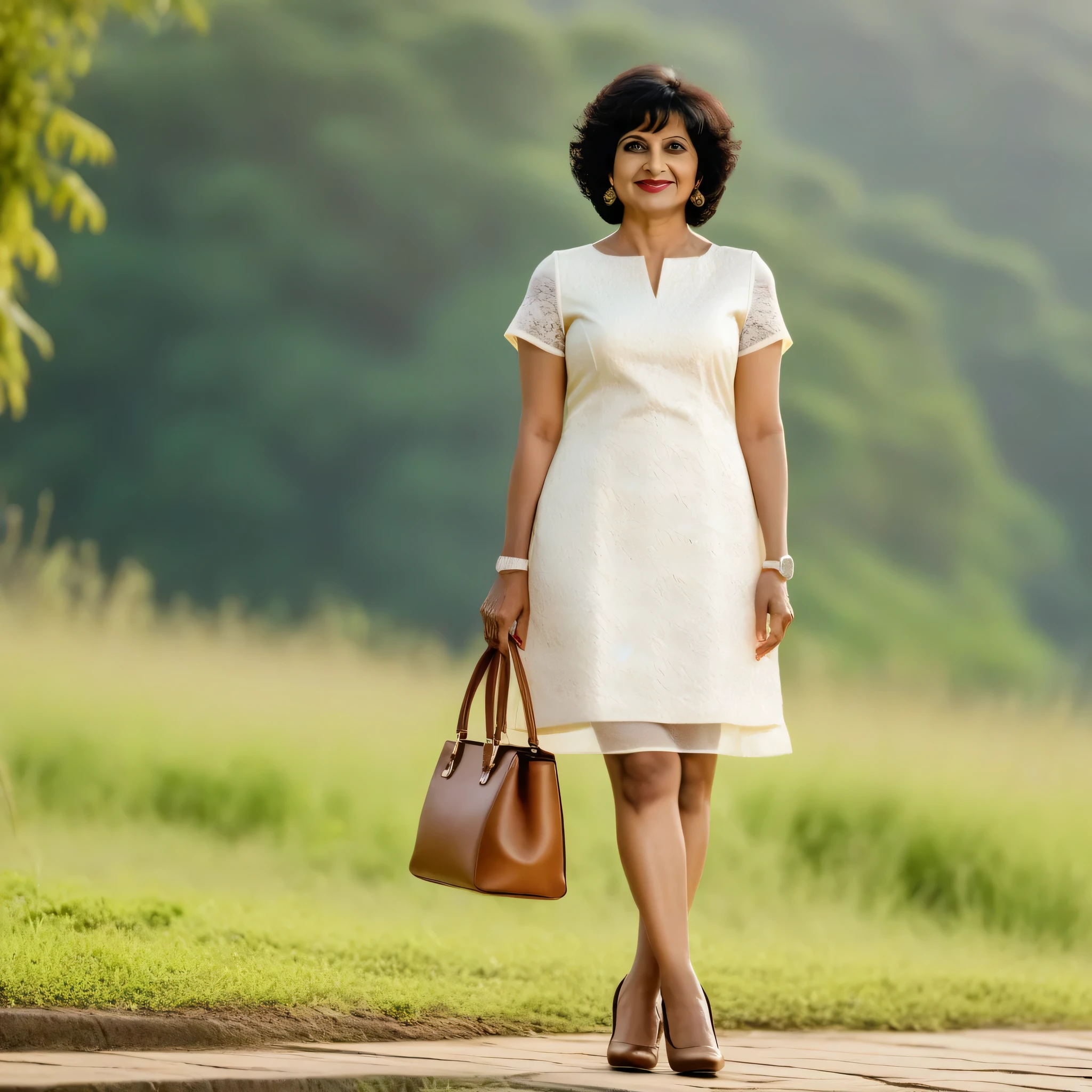 full body shot of a 50 year old indian woman with round face shape fair skin and black short afro bangs hair wearing a white sheats dress, brown pumps shoes, holding a one brown mini bag in her right hand and a watch in her left hand, slightly smile, standing facing the camera, centered view, bokeh, nature background.