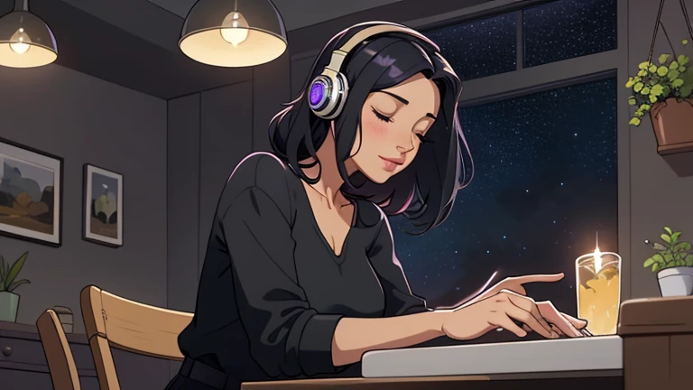 Late at night, a Beautiful woman in her 30s with black hair is sitting on the chair with her eyes closed in a stylish kitchen. Cozy wallpaper, Gwydz style artwork, LOFI girls, trending at cgstation, relaxed mood, nightcore, cozy, night, wide glass windows, starry sky, table, chair, fridge, sink, V-neck blouse, and she was the only one in the room. beautiful flower. Plants, 2D style animation, looking down.Well-proportioned face, Outside the window is a pitch black starry sky, purple wall, kitchen is dimly, She is wearing headphones and listening to music,