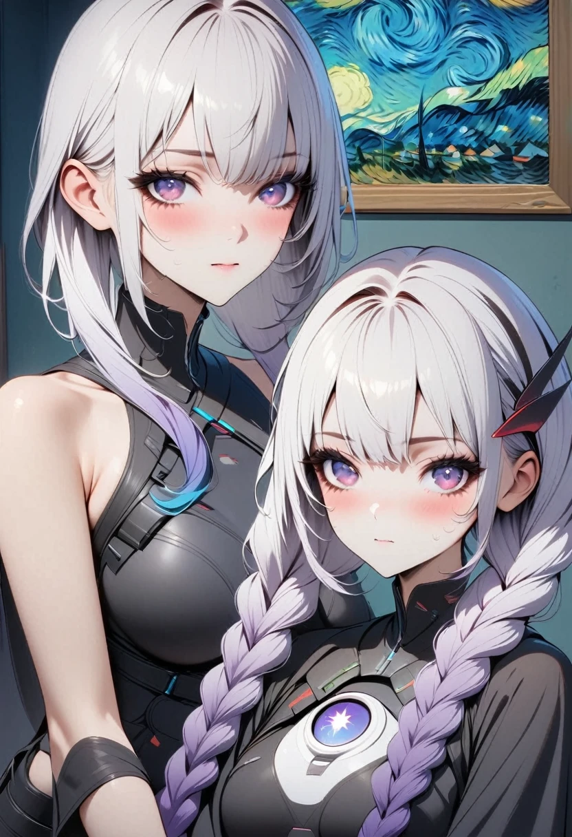 masterpiece, best quality, 4k, Ultra HD, Beautiful eyes and delicate face, illustration, Beautiful and detailed, high resolution illustration, Luminescence_White_particle,A pair of partners, bust, Short white hair for boy, yinji, [A girl purple hair, purple eyes, long hair, white hair, double braids, gradient hair], Short side details, Poker face, curtain, Cyberpunk, Technical clothing,(Vincent Van Gogh Impressionism:1.4)