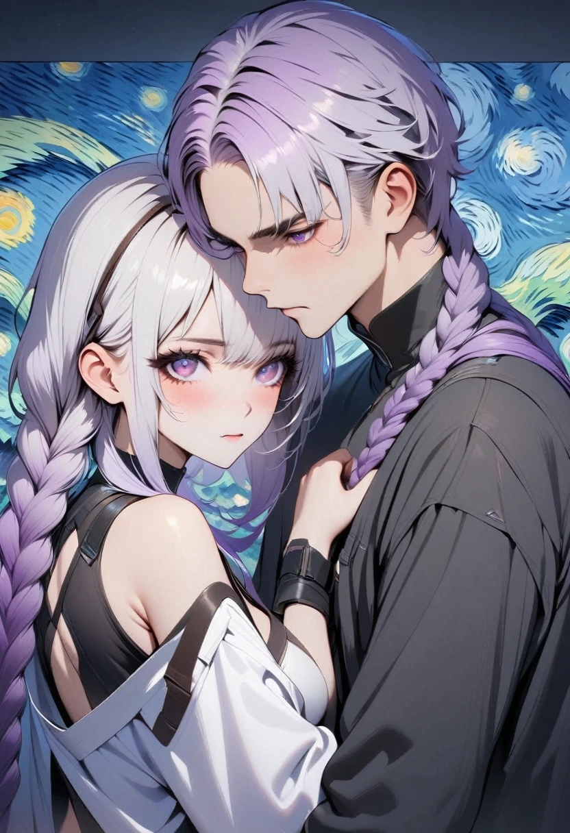 masterpiece, best quality, 4k, Ultra HD, Beautiful eyes and delicate face, illustration, Beautiful and detailed, high resolution illustration, Luminescence_White_particle,A pair of partners, bust, Short white hair for boy, yinji, [A girl purple hair, purple eyes, long hair, white hair, double braids, gradient hair], Short side details, Poker face, curtain, Cyberpunk, Technical clothing,(Vincent Van Gogh Impressionism:1.4)