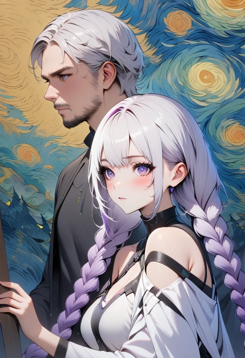 masterpiece, best quality, 4k, Ultra HD, Beautiful eyes and delicate face, illustration, Beautiful and detailed, high resolution illustration, Luminescence_White_particle,A pair of partners, bust, Short white hair for boy, yinji, [A girl purple hair, purple eyes, long hair, white hair, double braids, gradient hair], Short side details, Poker face, curtain, Cyberpunk, Technical clothing,(Vincent Van Gogh Impressionism:1.4)