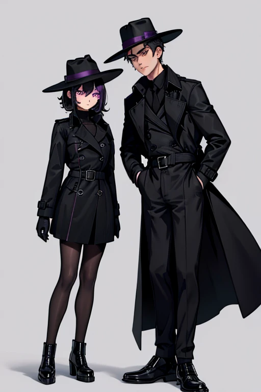male, purple eyes, black hair, (((1boy))), (((black trench coat))), (dark grey dress shirt), (black wide brimmed hat), (black gloves), (black shoes), (black belt), long legs
