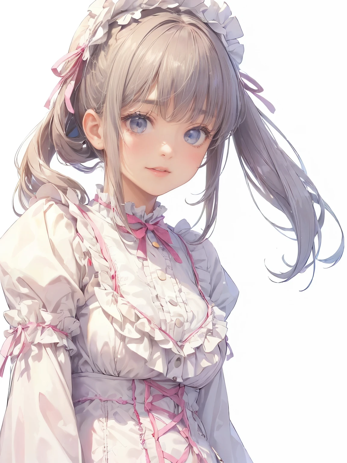 (((1 girl)))，masterpiece，highest quality，Realistic，Upper Body，Long Hair，Gray Hair，Skin Texture、The smile is too cute，Beautiful costumes，Elaborate costumes，(Lolita Fashion，Vintage Style:1.2)、The hem of the costume is long，celebration，White Background、Pink Coat,