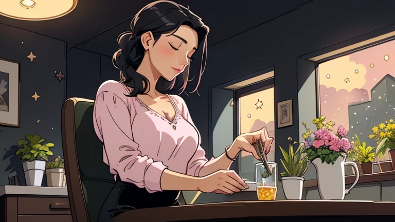 Late at night, a Beautiful woman in her 30s with black hair tied is sitting on the chair with her eyes closed in a stylish kitchen. Cozy wallpaper, Gwydz style artwork, LOFI girls, trending at cgstation, relaxed mood, nightcore, cozy, night, wide glass windows, starry sky, table, chair, fridge, sink, V-neck blouse, and she was the only one in the room. beautiful flower. Plants, 2D style animation, looking down.Well-proportioned face, Outside the window is a pitch black starry sky, pink wall, kitchen is dimly,