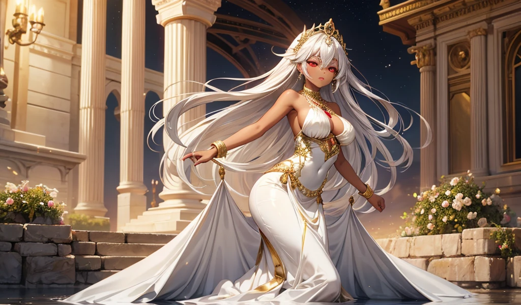 beautiful woman，with silver hair, red eyes and dark skin，White evening dress，gold tiara gold necklace gold jewelry，，cleavage，Thong，Transparent long skirt，，White Rose，desert，river，