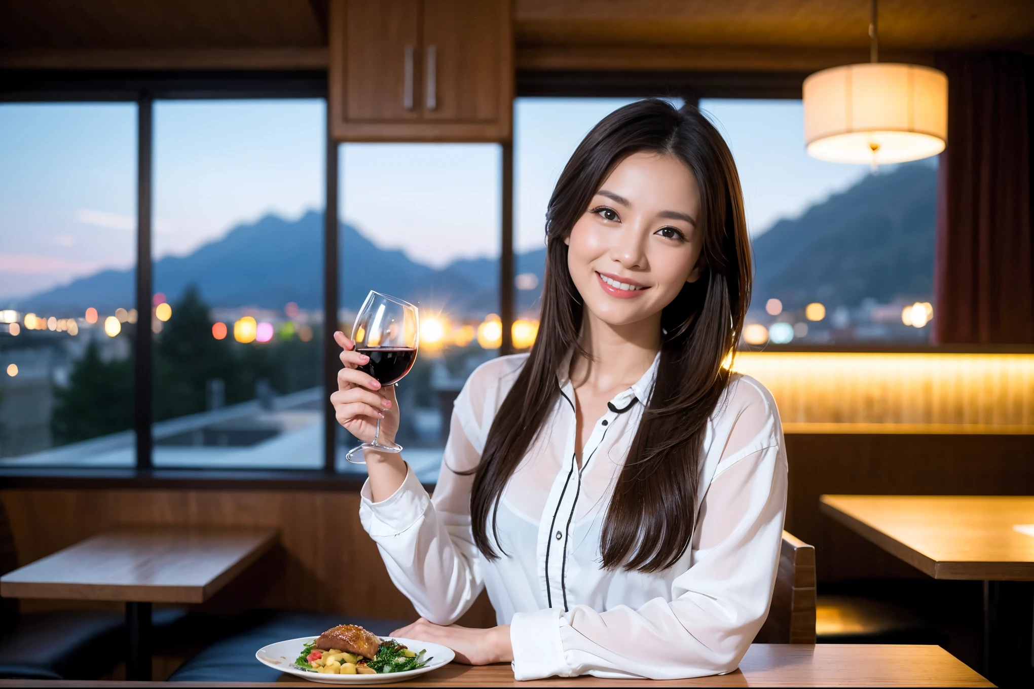 ((highest quality、8k、masterpiece:1.3))、1 male、1 female、石原さとみ似美女Couple、Spouse、Couple、The body is slim、((Bob Hale、Straight hair:1.2)), (Realistic, Intricate details:1.2), テーブルの上のwine glass、Put the light on your face、 Amazing view of the sunset sky and clouds、Amazing mountain views、A bright smile、The wonderfulness of smile、Bright image、The beauty of wine, Beautiful Face, blue eyes, The light shines on your face, Blushing, short hair,Bright Face、 (Age 37), Age 35, red wine 、Appetizers、Italian food、Wine bottle、Champagne、sparkling wine、Two beauties、Brown Hair、Shortcuts、Long sleeve shirt、dress、Pretty Woman 1, (slimな顔), (The body is slim), (Brown Hair), (Shortcuts), cheeks turn a little red,Attractive beauty、restaurant, In a prominent place (From the waist up) Nova Frog Style, actress, model, Upper Body, White wine, slim, wine glass, 中央に置かれたwine glass, smile, (smile: 1.15), Beautiful fine grain, Depth f/2,saturation, High Contrast, Strong light and shadow,Moist Body:1.5、3D texture、Delicate eyes、Brown Hair、The hair is very shiny、