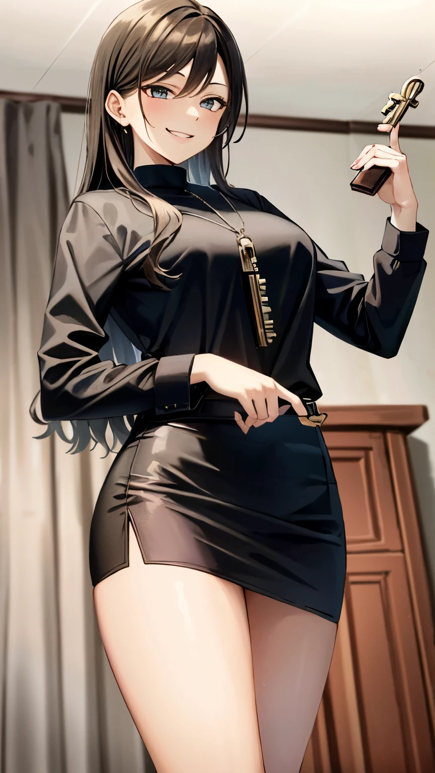 masterpiece, Superior Quality, High resolution, masterpiece, One adult woman, Wicked Smile, Wicked Smile, Evil plan, Brown fur, Black and white outfit , Long Hair, Get the Eyes, mini skirt, Rooms in the house, Holding the key in hand