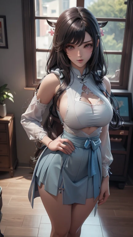 high quality, 4k, within the framework, Close-up portrait of brunette woman wearing white shirt and light blue skirt, Realistic anime girl rendering, Lovely (((Large Breasts、Breast sagging、Low-cut，Cleavage ，Wide hips,)))((Long legs)),Hourglass figure))3D anime girl rendering, April renderings, Anime VTuber full body model, full body xianxia, live2d virtual youtuber model, Smooth anime CG art, Realistic portrait full body realistic anime 3D style, Realistic full body  