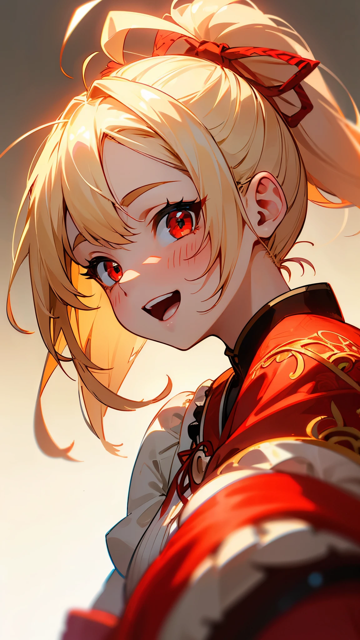 1 Girl、8k、Sharp focus、(Bokeh) (highest quality) (Detailed skin:1.3) (Intricate details) (anime)、Blonde ponytail、Red ribbon、Ahoge、Big round red eyes、Upper body close-up、From the side、smile、Open your mouth