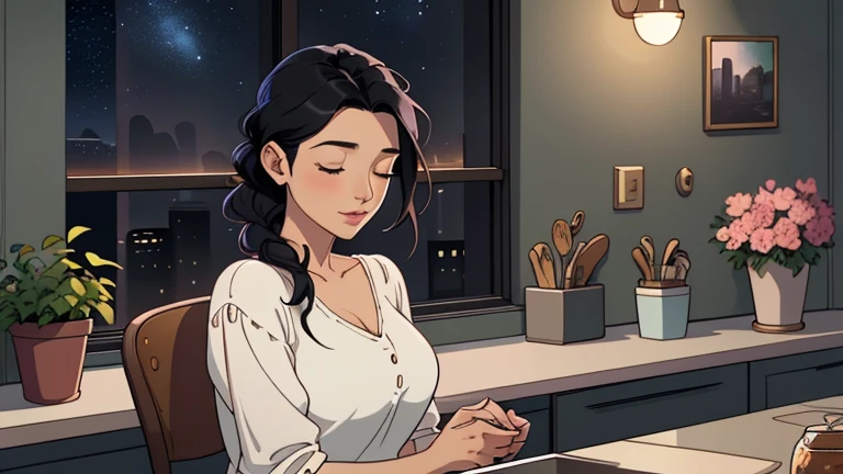 Late at night, a Beautiful woman in her 30s with black hair tied is sitting on the chair with her eyes closed in a stylish kitchen. Cozy wallpaper, Gwydz style artwork, LOFI girls, trending at cgstation, relaxed mood, nightcore, cozy, night, wide glass windows, starry sky, table, chair, fridge, sink, V-neck blouse, and she was the only one in the room. beautiful flower. Plants, 2D style animation, looking down.Well-proportioned face, Outside the window is a pitch black starry sky, pink wall, kitchen is dimly,