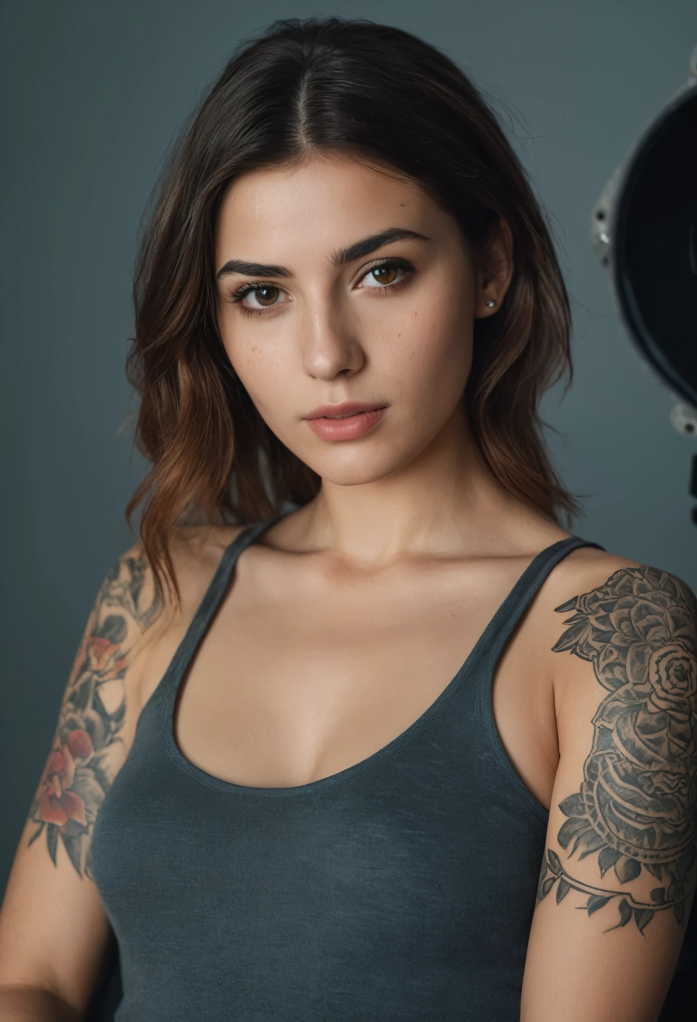 photoshoot, photo studio, Raw photo, editorial photography,  Cinematic, posing, Android photo of Armenian girl,150 mm,dlrs, Beautiful soft light, Color tattoos, Vivid details, face looking at camera, a wonderful masterpiece from the head of operational engineering . 4K, very detailed. skin imperfections, freckles, ultra textured leather, Natural skin texture, detailed cloth texture, beautiful detailed perfect face, perfect face, (High quality, Best quality:1.3), extremely high resolution, photographic, realistic, 8K, фотоrealistic, Amateur photo, UHD, film studio 800 tungsten , Cinematic photography by sofia coppola, Nikon D850 photo from the film Kodak Portra 400 camera f1.6 lenses, 8K, UHD