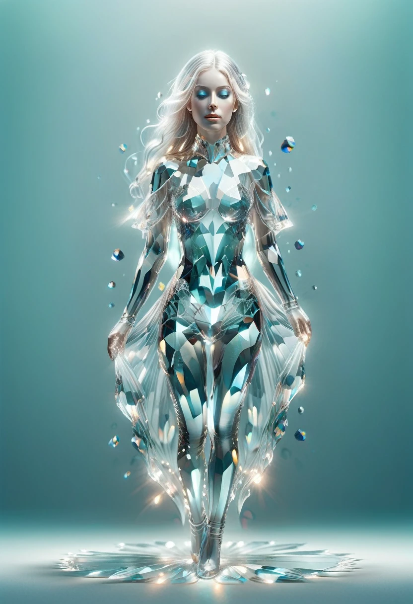 light element,translucent luminous body in levitation, a translucent beautiful sublime French woman made of crystal and light, sketch, minimalism,long legs, very long hairs, pencil drawing, clear lines,(double exposure:1.4),delicate fractal ornament,(upper thighs shot:1.3),full body shot,a woman standing straight walk towards me, poitrine push-up, low angle shooting,(fully translucent crystal body:1.9),soft focus,4k,hdr, fractal glass, 1girl,fantasy artwork, masterpiece, (fractal tattoos:1.4),(translucent luminous crystal body:1.2),A minimalist design,of a silhouette outline and a beautiful woman in crystal and a glowing shadow world,intricate crystal artwork Masterpiece,((icy mint and white,translucent crystal:3.0,  transparent shap:1.9, transparent crystal body illuminated from the inside : 1.9, internal lighting :1.9, crystal:1.9))