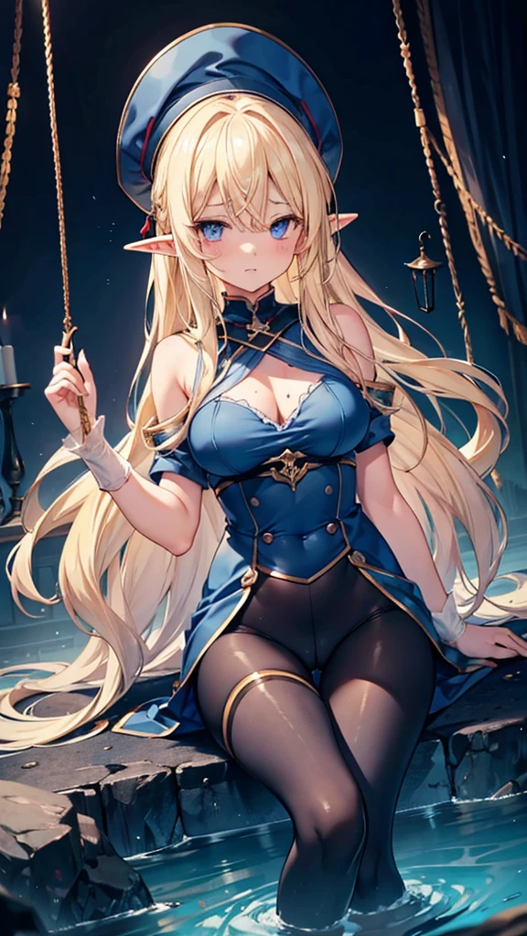 Blonde hair and blue eyes　Long Hair　Elf　Large Breasts　Dark blue scoop water　erotic　Beauty　cute　Scared　Dark Room　Navy blue tights　get caught　Hanged　Hands tied　Embarrassing　Red face