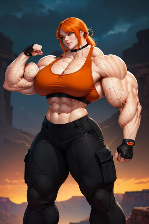 ((((Massive, beautiful, buff, pale white skinned muscular woman with orange hair, ginormous bulky muscles and wearing a black sports bra with a black cargo pants)))), {close view}, massive muscles, massive biceps, hyper muscle shoulders, massive muscle arms, vascular shoulders, hyper muscle triceps, (long shaggy hair), green eyes, choker, gloves, sneakers, in the Grand Canyon, closed smile, night, hyper vascular arm, hyper muscles arms, hyper muscle legs, massive arms, close view