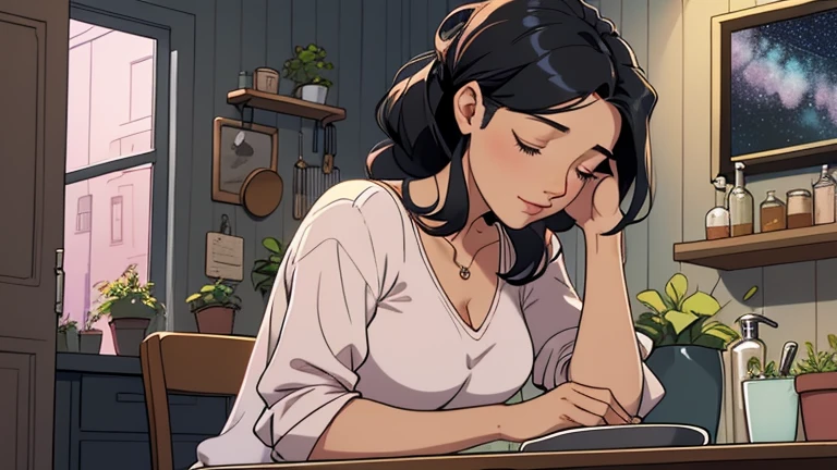 Late at night, a Beautiful woman in her 30s with black hair tied is sitting on the chair with her eyes closed in a stylish kitchen. Cozy wallpaper, Gwydz style artwork, LOFI girls, trending at cgstation, relaxed mood, nightcore, cozy, night, wide glass windows, starry sky, table, chair, fridge, sink, V-neck blouse, and she was the only one in the room. beautiful flower. Plants, 2D style animation, looking down.Well-proportioned face, Outside the window is a pitch black starry sky, pink wall, kitchen is dimly,