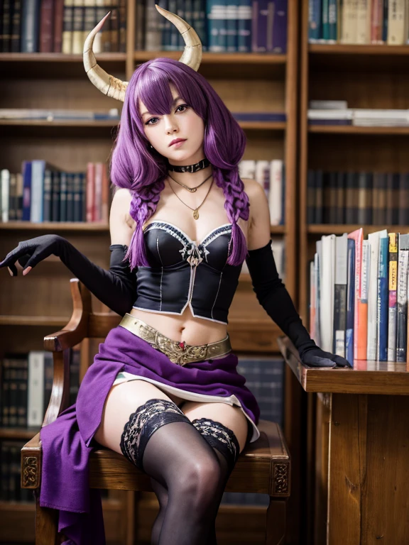 masterpiece, highest quality, Very detailed, 16k, Ultra-high resolution, Cowboy Shot, Detailed face, Perfect Fingers, One Girl, Luxurious Western-style building, library, Bookshelf, table, Chair, Chairに座る, aura the guillotine, long hair, (purple eyes:1.1), purple hair, braid, horns, twin braids, skirt, thighhighs, gloves, choker, black gloves, elbow gloves