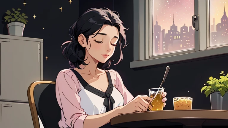 Late at night, a Beautiful woman in her 30s with black hair tied is sitting on the chair with her eyes closed in a stylish kitchen. Cozy wallpaper, Gwydz style artwork, LOFI girls, trending at cgstation, relaxed mood, nightcore, cozy, night, wide glass windows, starry sky, table, chair, fridge, sink, V-neck blouse, and she was the only one in the room. beautiful flower. Plants, 2D style animation, looking down.Well-proportioned face, Outside the window is a pitch black starry sky, pink wall, kitchen is dimly,