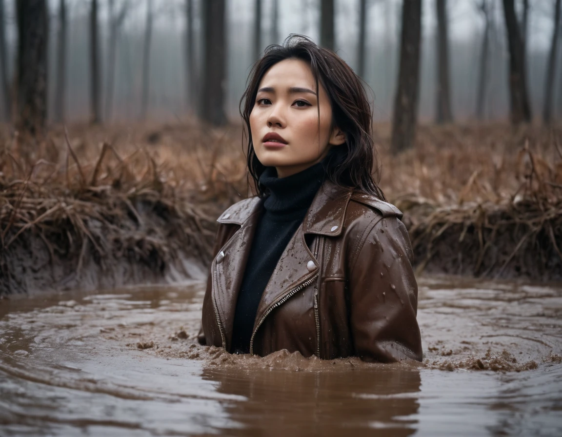 8k, ultra-detailed, grainy film photo, masterpiece,muted colors, muffled light, thriller dusk:1.1, rainy, horror atmosphere:1.1, dark noir:1.0, from side view:1.2, natural skin texture, dry-humping, brown turtleneck sweater, leather jacket, looking towards,woman drowning in forest mud bog, messy long brunette hair, depraved,asian:0.5,beige, brown, red,