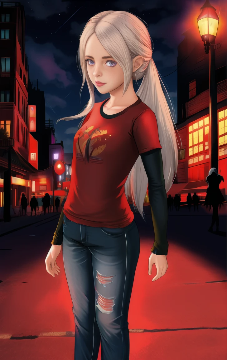 red shirt, long sleeves, standing, long hair, neon lights, night, looking at viewer, blue jeans, solo, edelgardacademy, white hair, purple eyes, elliet1