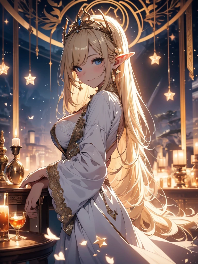 最high quality、1 woman elf kind personality、NP: Worst quality ,Flower fractal art Beautiful side shot, radiance,High-definition depiction, Realistic, 8k, Unity, Wide Shot, light smile, Beautifully and vividly drawn, , Beautiful, beautiful, clear skin、sexy see-through bodystocking,Countless rays of light pouring down, Swirling Light, big background, Raise one arm above your head, Intense light is emitted from the magic circle in front of the girl. table、tea、sweets、Curtain Romanticism,Cowboy Shot: The most beautiful form of chaos, Mr..々color, Intertwined flowers, Particle,magical gentle light,smile,sexy,image quality、masterpiece、Beautiful Face、Super beautiful elf woman((Big breasted 22 year old office lady、Nipples、Bust 90,Beautiful long ironed hair 、Blonde hair,height: 165cm。、sexy、Esbian、、high quality、、background((Star Narski)))、Starry Sky、Visual art、Written boundary depth、、Elf Ears、、universe、Happy smile、Gentle light、Elf forest、elegant、ticker beautiful decorative、、magic、forest、Beautiful tiara、Beautiful bed、Beautiful Landscape、A kind smile、wonderful、Fluttering petals、Dance happily、、Cultivate fantasy、、Mystery light Lots of flowers、、art、forest, palace, art,mystery,Ultra-high resolution,atmosphere