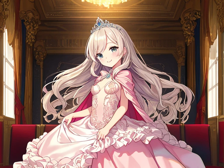 (kawaii),(best quality),(ultra detailed),(rococo style),(long train pastel pink cape:1.15), very long cape,(long train white ball gown with flower decorations:1.1), a girl is wearing a cape over her gown, 1 little princess, tiara, smile, very long hair, small breasts, beautiful detailed eyes, beautiful detailed lips, looking at viewer
