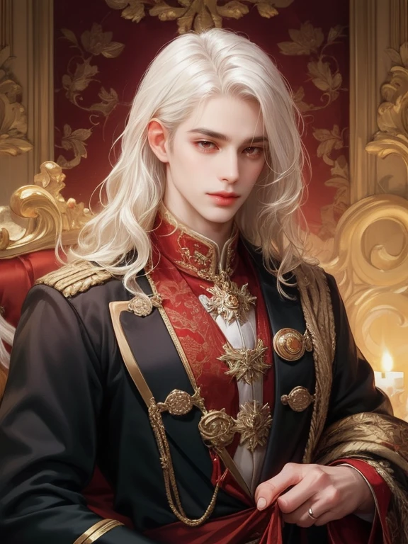 ((WAVY VERY VERY WHITE HAIR))((CURLY LONG HAIR))((SHARP RED RED EYES))((HANDSOME HANDSOM SOFT FACE))((OLD FASHIONED OUTFIT MALE ELEGANT))
