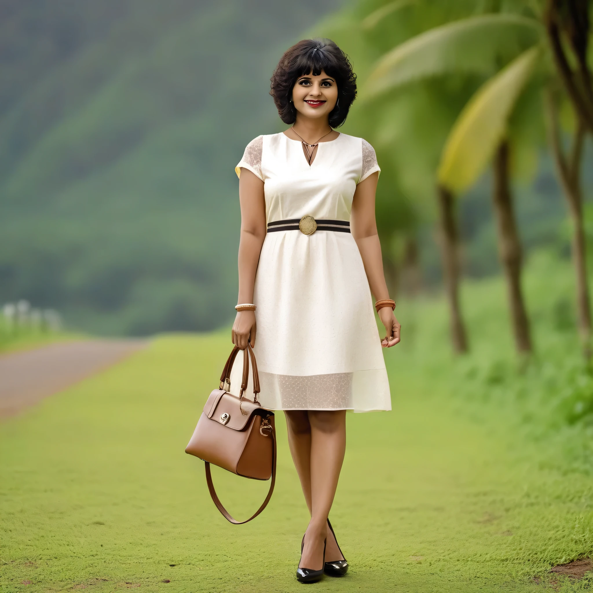 full body shot of a 40 year old indian woman with round face shape fair skin and black short afro bangs hair wearing a white sheats dress, brown pumps shoes, holding a one brown mini bag in her right hand and a watch in her left hand, slightly smile, standing facing the camera, centered view, bokeh, nature background.