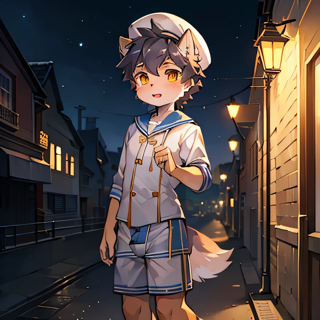 bright outside,Wolf Boy,Male focus,Furry people,Characteristics of a three-year-old boy,One meter three height,Golden Eyes,gray skin,Sailor Suit,sailor shorts,Sailor hat,Beautiful city background