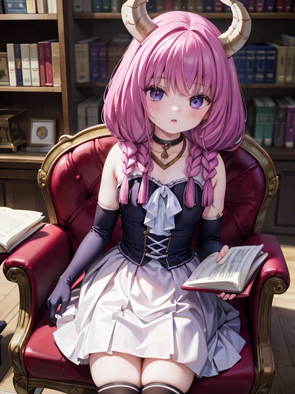 masterpiece, highest quality, Very detailed, 16k, Ultra-high resolution, Cowboy Shot, Detailed face, Perfect Fingers, A -yeld gi  Luxurious Western-style building, library, Bookshelf, table, Chair, Chairに座る, aura the guillotine, long hair, (purple eyes:1.1), purple hair, braid, horns, twin braids, skirt, thighhighs, gloves, choker, black gloves, elbow gloves