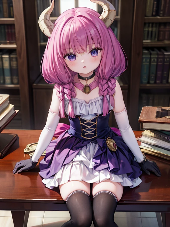 masterpiece, highest quality, Very detailed, 16k, Ultra-high resolution, Cowboy Shot, Detailed face, Perfect Fingers, A ****************,  Luxurious Western-style building, library, Bookshelf, table, Chair, Chairに座る, aura the guillotine, long hair, (purple eyes:1.1), purple hair, braid, horns, twin braids, skirt, thighhighs, gloves, choker, black gloves, elbow gloves