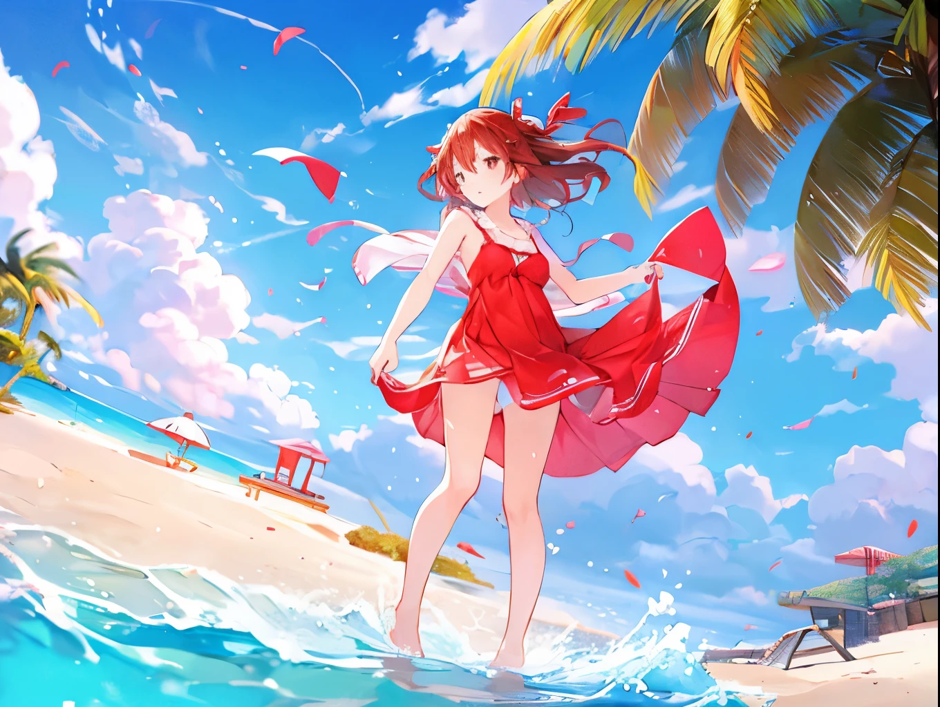 A girl undressing at a beach house、A light red bra and cute red shorts are visible against a pure white one-piece dress、barefoot、Sandy beach, cumulonimbus clouds and blue sky