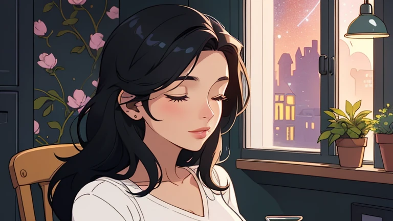 Late at night, a Beautiful woman in her 30s with black hair is sitting on the chair with her eyes closed in a stylish kitchen. Cozy wallpaper, Gwydz style artwork, LOFI girls, trending at cgstation, relaxed mood, nightcore, cozy, night, wide glass windows, starry sky, table, chair, fridge, sink, V-neck blouse, and she was the only one in the room. beautiful flower. Plants, 2D style animation, looking down.Well-proportioned face, Outside the window is a pitch black starry sky, pink wall, kitchen is dimly,