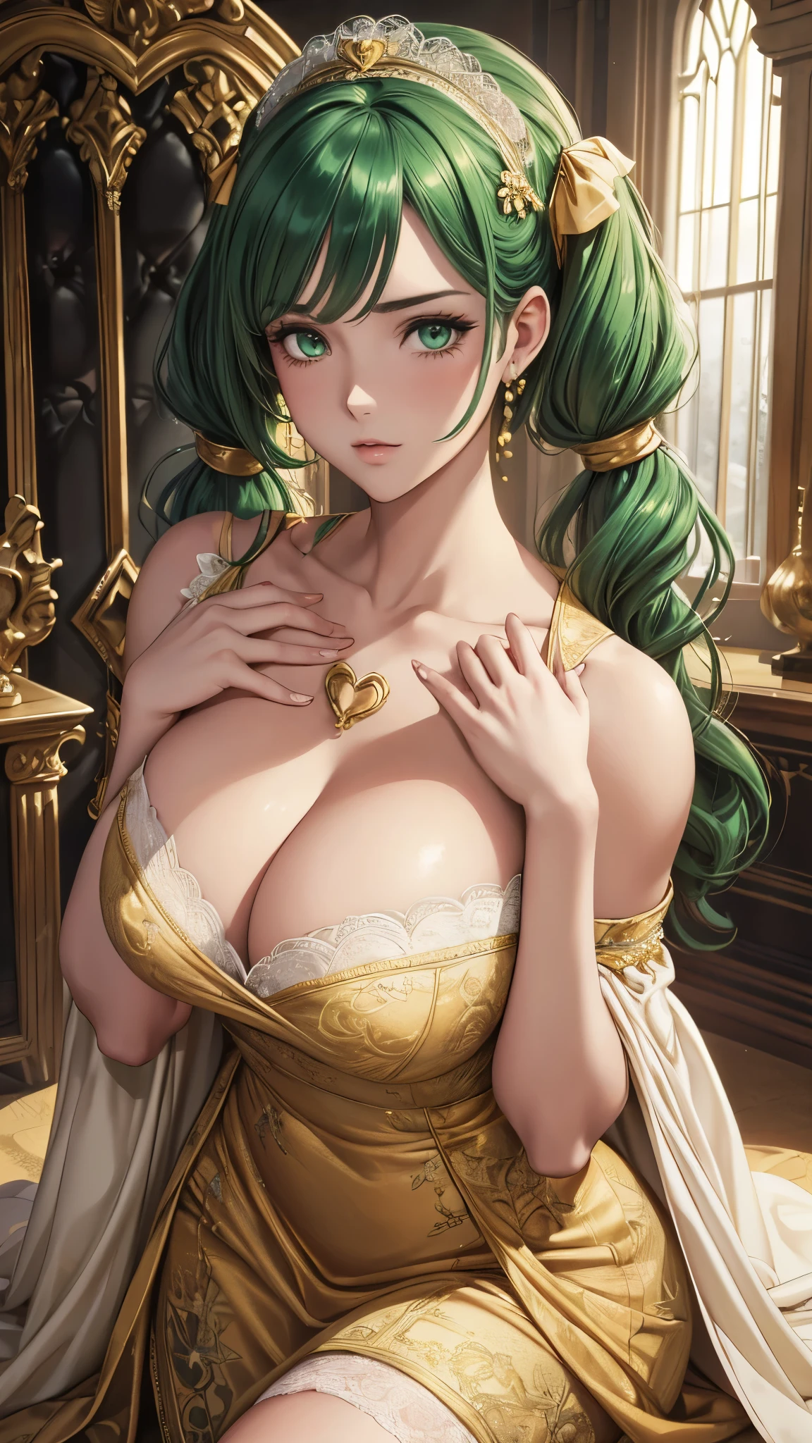 Armpit Show,Green Eyes, (highest quality, masterpiece painting:1.3), Immature woman, 16 years old, (Half Body Shot), masterpiece, Ultra-high resolution, (Photorealistic:1.0), Green Hair, Twin tails, Straight hair, Beautiful and shiny hair, White and glowing skin, ((Ultra-Realistic Details)), Octane Rendering, Highly detailed face, (:0.8), ((Heart with both hands:1.2)), She wears a stunning outfit inspired by the Belle Epoque style, A flowing golden dress decorated with lace and ribbons, (clothing: Gold Belle Epoque dress with lace and ribbons),Cleavage, Perfect body, Soft Skin, Anime Face, Perfect Face, Perfect Eyes, Looking at the audience, Smart, Snow Scene, ((it's snowing)), ((Great night)), ((Outdoor)), Sharp focus, Intricate details, Professional artwork, (Bright colors:1.1), Bright colors, diffused Lighting, Digital Blending, Ultra high definition body, Ultra detailed hair, Highly detailed face, that'that'Trending on pixiv, Open the top button, Cute gaze, Compensate, Perfect Lips, perfect Compensate, Ultra-precision coating,  (Light_smile:0.8), (Very embarrassed:1.2), Blushing your nose,