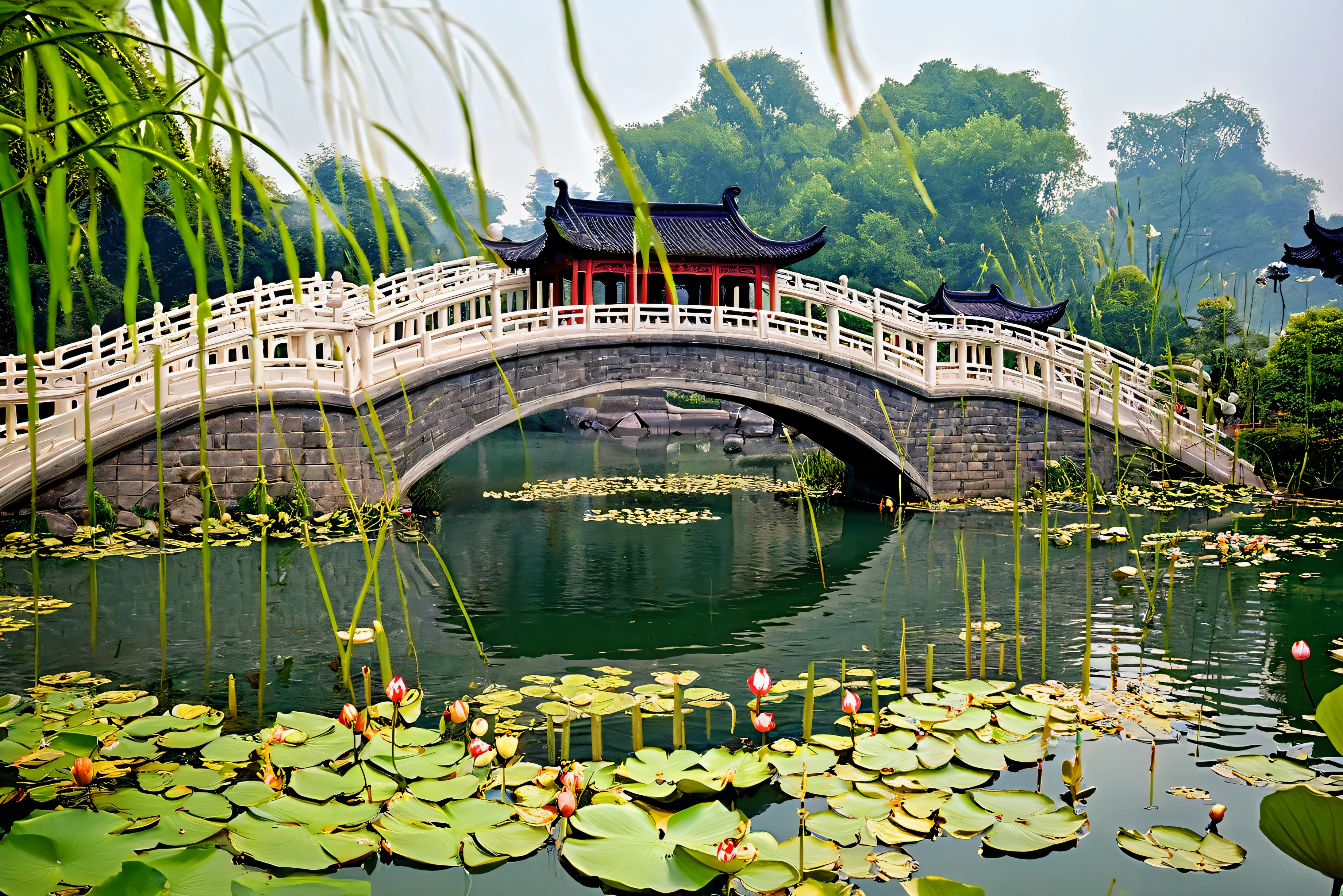 Bridge over the lake,The background is a building, Pictures inspired by Zhang Shunzi, shutter, Visual arts,Chinese Architecture, Chinese scenery, Hangzhou, Bridges over water, nice images, Chinese, crooked bridge, Chinese Palace, In line with Chinese aesthetics, An elegant bridge between towers,Lotus flowers on the water, Lotus Pond,8k、high resolution、National Geographic Works、RAW photos、International Gold Award Photo