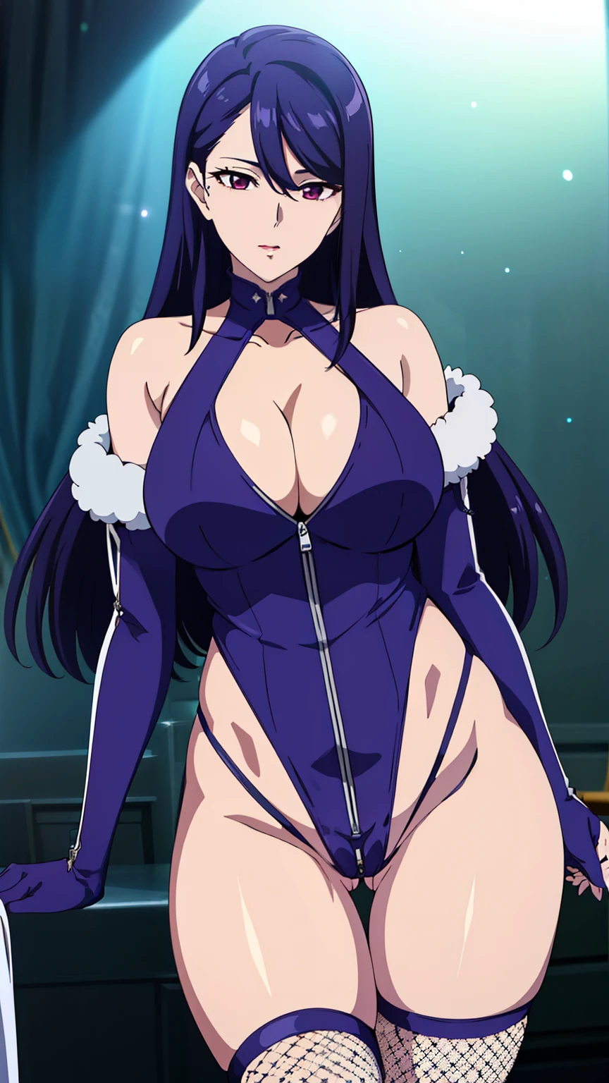 rifa,1 girl,(purple eyes, purple hair),bangs,Long Hair,((highleg:1.4),(shiny clothes:1.2),bare shoulders,elbow gloves, fishnet legwear, fishnets, gloves,(skin tight:1.3), thighhighs, (cameltoe:1.4), large breasts,(clothes unzipped:1.5),(half undress:1.4),(halter-shoulder:1.4),(open clothes:1.3),(cleavage,under boob:1.3)), (nipples visible through clothes:0.7),
20 years,young woman,beautiful long legs,beautiful body,
beautiful Nose,beautiful character design, perfect eye, perfect face,expressive eye,Perfect balance,
View your audience,(Focus on her face), (Innocent_big_eye:1.0),
Anime art style,Dynamic Angle,Official Art,Very detailed CG Unity 8k wallpaper, Perfect lighting,colorful, bright_front_face_Lighting,White skin,
(masterpiece:1.0),(Highest_quality:1.0), 超High resolution,4K,Very detailed,
photograph, 8k, High resolution, High resolution, (Absurd:1.2), Kodak Portrait 400, Film Grain, Lens flare, (Vibrant_color:1.2),Professional Photograph,
(beautiful_Big Breasts:1,3), (beautiful_face:1.4),(narrow_Waist),