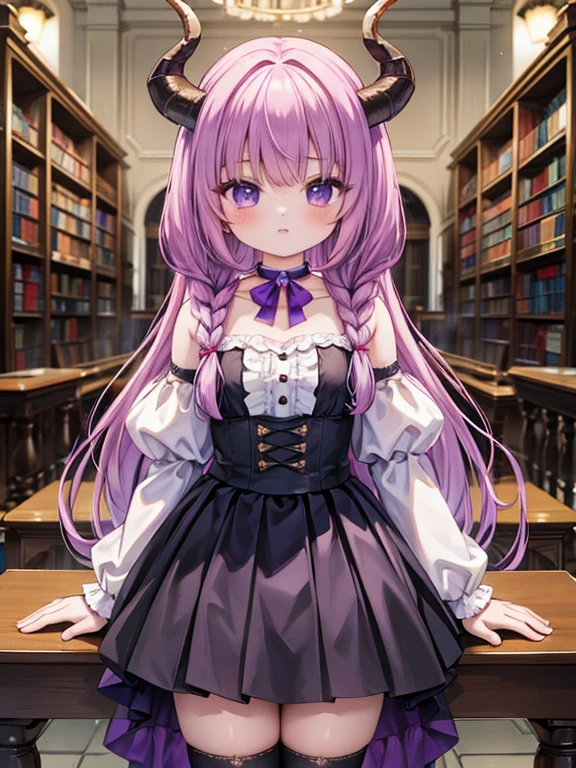 masterpiece, highest quality, Very detailed, 16k, Ultra-high resolution, Cowboy Shot, Detailed face, Perfect Fingers, A 13-year-old girl,  Luxurious Western-style building, library, Bookshelf, table, Chair, Chairに座る, aura the guillotine, long hair, (purple eyes:1.1), purple hair, braid, horns, twin braids, skirt, thighhighs, gloves, choker, black gloves, elbow gloves