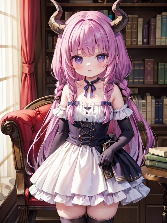 masterpiece, highest quality, Very detailed, 16k, Ultra-high resolution, Cowboy Shot, Detailed face, Perfect Fingers, A 13-year-old girl,  Luxurious Western-style building, library, Bookshelf, table, Chair, Chairに座る, aura the guillotine, long hair, (purple eyes:1.1), purple hair, braid, horns, twin braids, skirt, thighhighs, gloves, choker, black gloves, elbow gloves