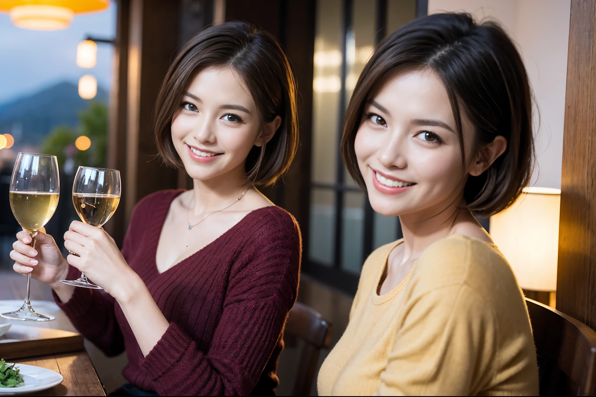 ((highest quality、8k、masterpiece:1.3))、1 male、1 female、Couple、Spouse、Couple、The body is slim、((Bob Hale、Straight hair:1.2)), (Realistic, Intricate details:1.2), テーブルの上のwine glass、Put the light on your face、 Amazing view of the sunset sky and clouds、Amazing mountain views、A bright smile、The wonderfulness of smile、Bright image、The beauty of wine, Beautiful Face, blue eyes, The light shines on your face, Blushing, short hair,Bright Face、 (Age 37), 39 years old, red wine 、Appetizers、Italian food、Wine bottle、Champagne、sparkling wine、Two beauties、Brown Hair、Shortcuts、Long sleeve shirt、dress、Pretty Woman 1, (slimな顔), (The body is slim), (Brown Hair), (Shortcuts), cheeks turn a little red,Attractive beauty、restaurant, In a prominent place (From the waist up) Nova Frog Style, actress, model, Upper Body, White wine, slim, wine glass, 中央に置かれたwine glass, smile, (smile: 1.15), Beautiful fine grain, Depth f/2,saturation, High Contrast, Strong light and shadow,Moist Body:1.5、3D texture、Delicate eyes、Brown Hair、The hair is very shiny、