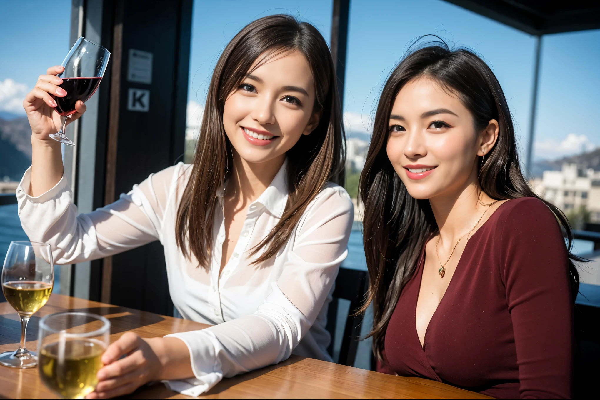 ((highest quality、8k、masterpiece:1.3))、1 male、1 female、Couple、Spouse、Couple、The body is slim、((Bob Hale、Straight hair:1.2)), (Realistic, Intricate details:1.2), テーブルの上のwine glass、Put the light on your face、 Amazing view of the sunset sky and clouds、Amazing mountain views、A bright smile、The wonderfulness of smile、Bright image、The beauty of wine, Beautiful Face, blue eyes, The light shines on your face, Blushing, short hair,Bright Face、 (Age 37), 39 years old, red wine 、Appetizers、Italian food、Wine bottle、Champagne、sparkling wine、Two beauties、Brown Hair、Shortcuts、Long sleeve shirt、dress、Pretty Woman 1, (slimな顔), (The body is slim), (Brown Hair), (Shortcuts), cheeks turn a little red,Attractive beauty、restaurant, In a prominent place (From the waist up) Nova Frog Style, actress, model, Upper Body, White wine, slim, wine glass, 中央に置かれたwine glass, smile, (smile: 1.15), Beautiful fine grain, Depth f/2,saturation, High Contrast, Strong light and shadow,Moist Body:1.5、3D texture、Delicate eyes、Brown Hair、The hair is very shiny、