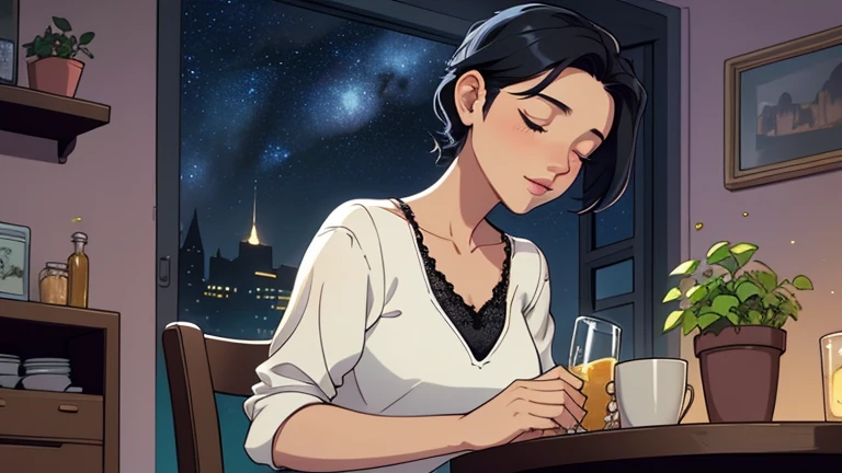 Risa, black haired japanese girl, (((asymetric short hair and wild wavy hair))), dark brown eyes, rounder face, charming, cute, (((down-turned button nose))), sitting nude in mountain onsen, snowflakes falling around her, blue and white light shining down, ((small breasts)), cute, beautiful, realistic style, highly detailed, 4k, looking to right, body from the side, cross legged (((focus on face))), (((Full-body))), ((golden ratio, center frame)), (((RISA))), ((NUDE)), candle light reflecting of skin