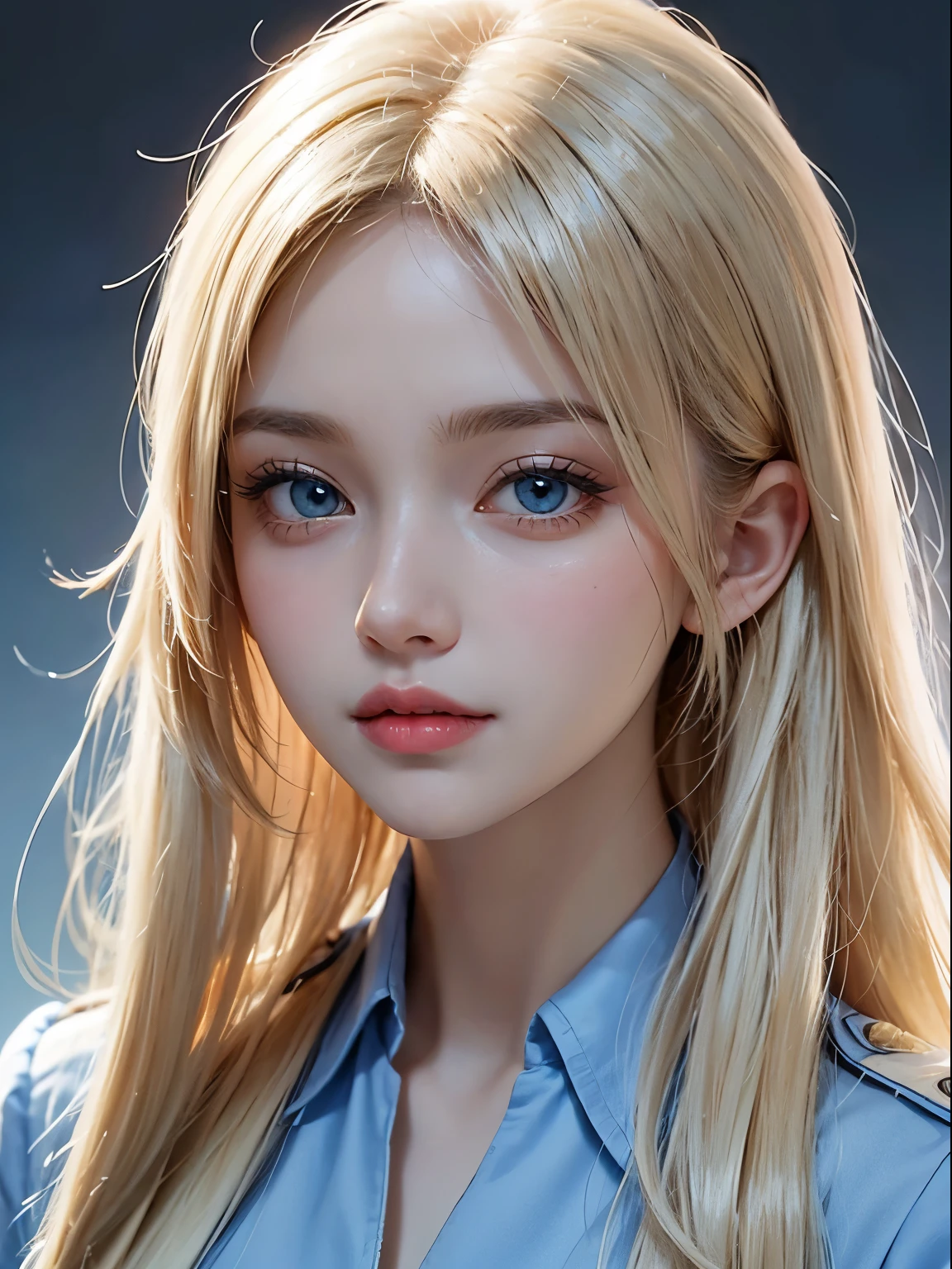 solo girl, Uniforms, blue-sky, bright and beautiful face, Skin is young, shiny, fair and shiny, best appearance, Golden hair reflects the dazzling light, Beautiful platinum blonde extra long silky straight hair with shiny shine, with long bangs, very beautiful 17 years old, Big eyes shining with transparent light blue light, beautiful wonderful beautiful girl