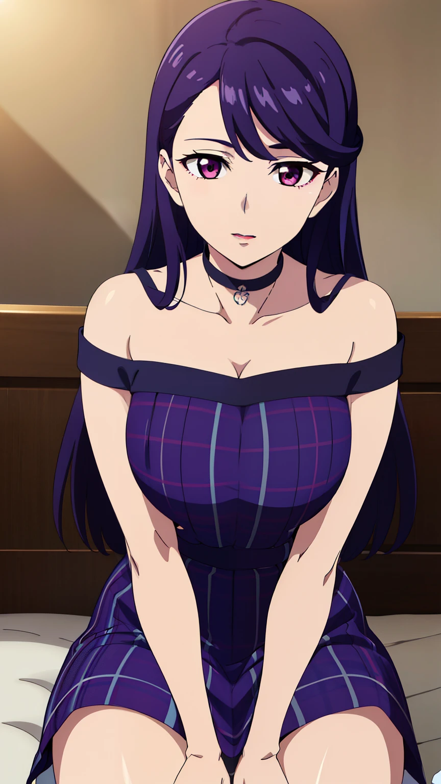 rifa,1 girl,(purple eyes, purple hair),bangs,Long Hair,((plaid dress,choker, bare arms, bare shoulders:1.3),skirt), (nipples visible through clothes:0.7), 
20 years,young woman,beautiful long legs,beautiful body,
beautiful Nose,beautiful character design, perfect eye, perfect face,expressive eye,Perfect balance,
View your audience,(Focus on her face), (Innocent_big_eye:1.0),
Anime art style,Dynamic Angle,Official Art,Very detailed CG Unity 8k wallpaper, Perfect lighting,colorful, bright_front_face_Lighting,White skin,
(masterpiece:1.0),(Highest_quality:1.0), 超High resolution,4K,Very detailed,
photograph, 8k, High resolution, High resolution, (Absurd:1.2), Kodak Portrait 400, Film Grain,  Lens flare, (Vibrant_color:1.2),Professional Photograph,
(beautiful_Big Breasts:1,3), (beautiful_face:1.4),(narrow_Waist),