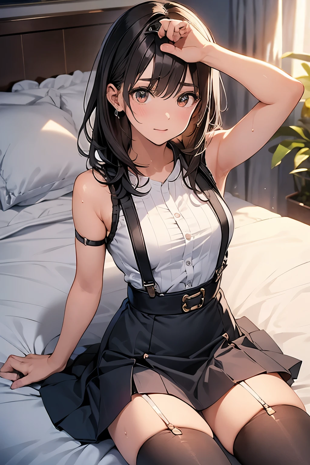 Staring at the audience　　　Black suspenders　　　bulging big breasts　　 　 　　　wall 　mini skirt　garterbelt　garter　　　　　　sight　　　Small face　 　　　holster　　　Beautiful woman　　Show your hand　　 Lying in bed　　sight 　　Taunt　side　side汗 　arm　　belt　summer　Armpit sweat　Put your hands up