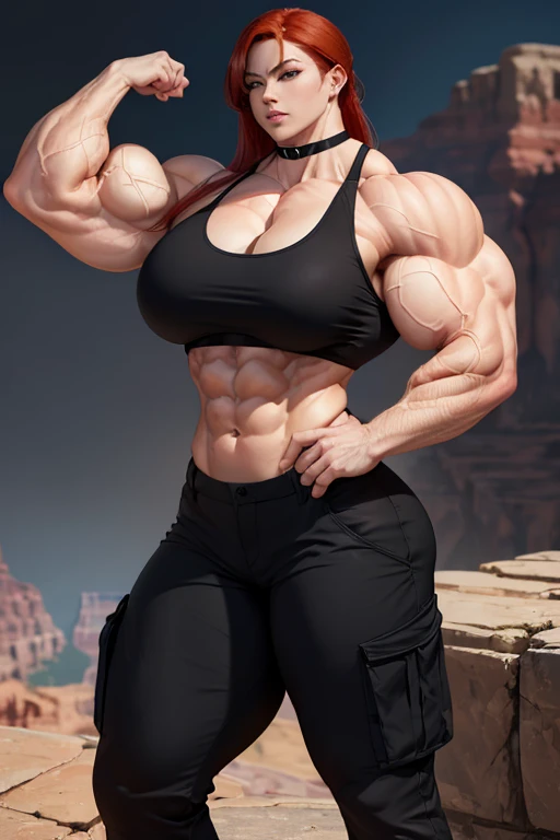 (((Massive, beautiful, buff, pale white skinned muscular asian woman with red hair, ginormous bulky muscles and wearing a black sports bra with a black cargo pants))), {close view}, massive muscles, massive biceps, hyper muscle shoulders, massive muscle arms, vascular shoulders, hyper muscle triceps, (long hair), yellow eyes, choker, gloves, sneakers, in the Grand Canyon, closed smile, night, hyper vascular arm, hyper muscles arms, hyper muscle legs, massive arms, close view