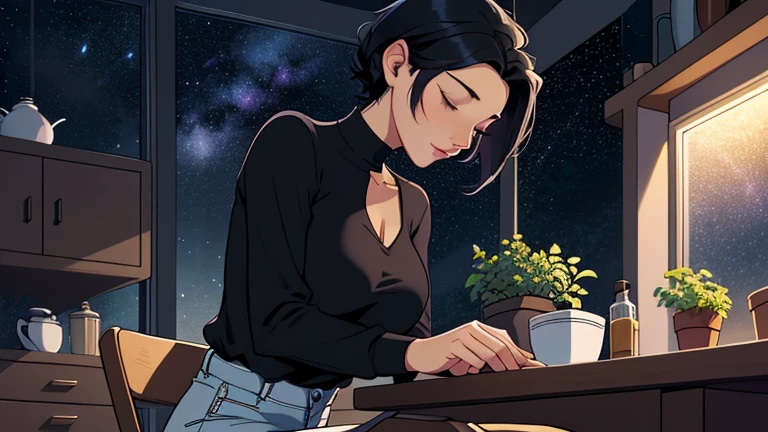 Late at night, a Beautiful woman in her 30s with short black hair tied is sitting on the chair with her eyes closed in a stylish kitchen. Cozy wallpaper, Gwydz style artwork, LOFI girls, trending at cgstation, relaxed mood, nightcore, cozy, night, wide glass windows, starry sky, table, chair, fridge, sink, V-neck blouse, and she was the only one in the room. beautiful flower. Plants, 2D style animation, looking down.Well-proportioned face, Outside the window is a pitch black starry sky, purple wall, kitchen is dimly,