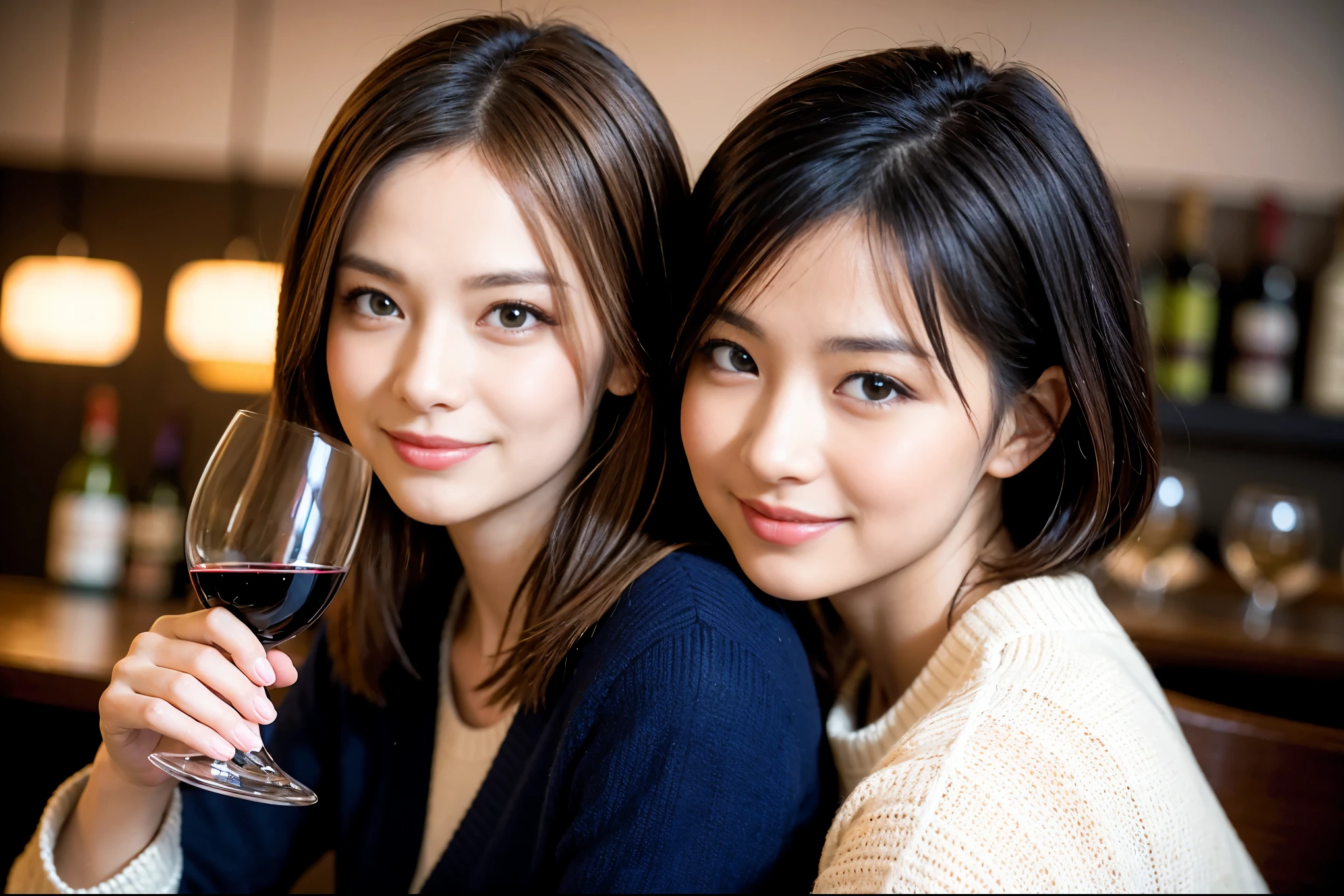 ((highest quality、8k、masterpiece:1.3))、1 male、1 female、Couple、Spouse、石原さとみ似美女Couple、The body is slim、((Bob Hale、Straight hair:1.2)), (Realistic, Intricate details:1.2), テーブルの上のwine glass、Put the light on your face、 Amazing view of the sunset sky and clouds、Amazing mountain views、A bright smile、The wonderfulness of smile、Bright image、The beauty of wine, Beautiful Face, blue eyes, The light shines on your face, Blushing, short hair,Bright Face、 (Age 35), 39 years old, red wine 、Appetizers、Italian food、Wine bottle、Champagne、sparkling wine、Two beauties、Brown Hair、Shortcuts、Long sleeve shirt、dress、Pretty Woman 1, (slimな顔), (The body is slim), (Brown Hair), (Shortcuts), cheeks turn a little red,Attractive beauty、restaurant, In a prominent place (From the waist up) Nova Frog Style, actress, model, Upper Body, White wine, slim, wine glass, 中央に置かれたwine glass, smile, (smile: 1.15), Beautiful fine grain, Depth f/2,saturation, High Contrast, Strong light and shadow,Moist Body:1.5、3D texture、Delicate eyes、Brown Hair、The hair is very shiny、